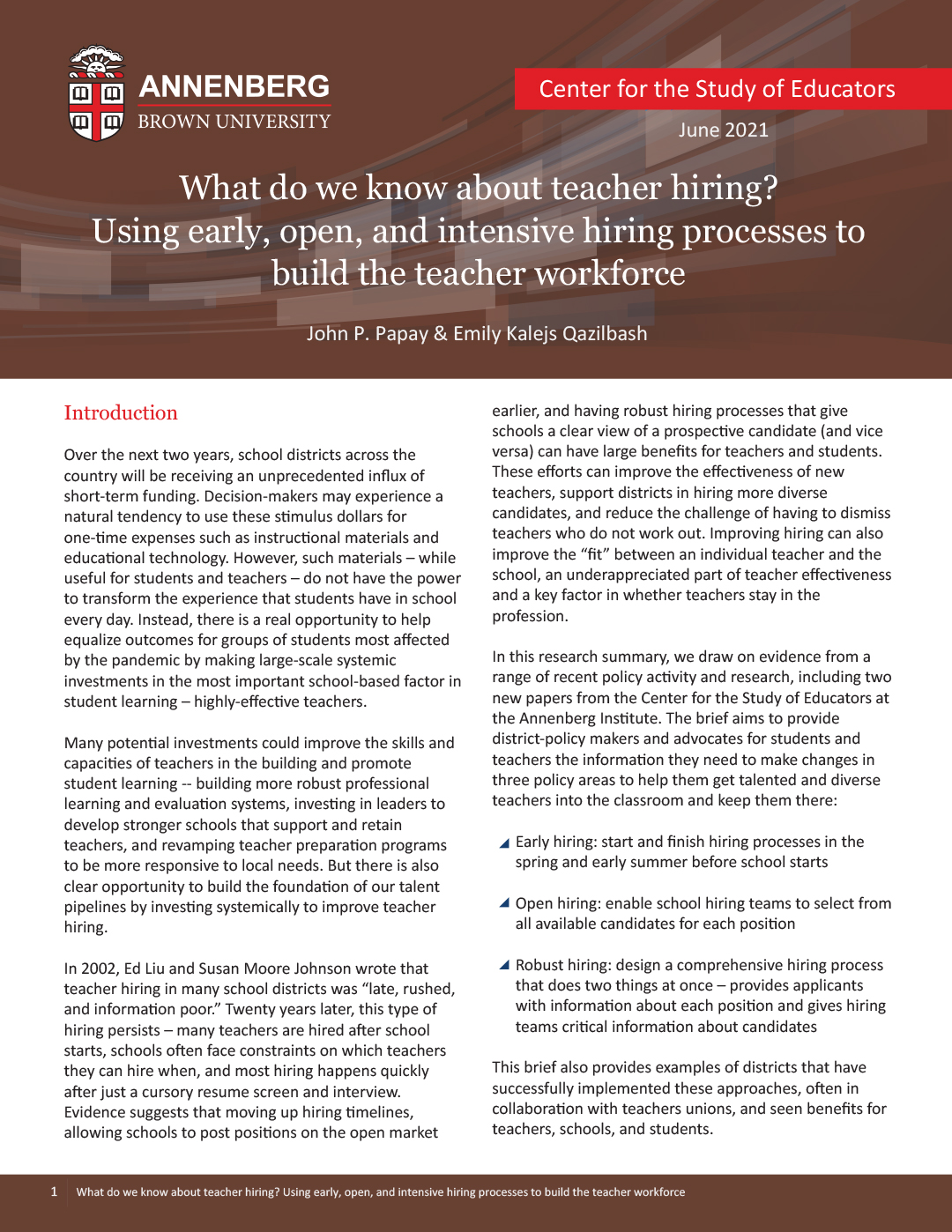 What do we know about teacher hiring? Using early, open, and intensive hiring processes to build the teacher workforce